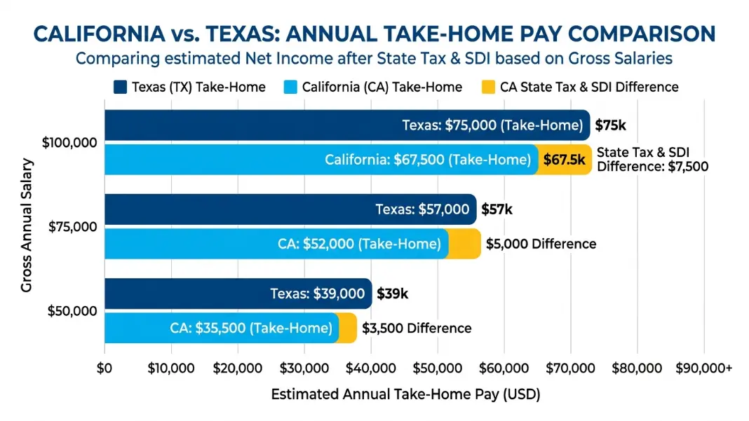 Side-by-side bar chart comparing take-home pay at $50K, $75K, and $100K in California vs Texas showing the state tax and SDI difference