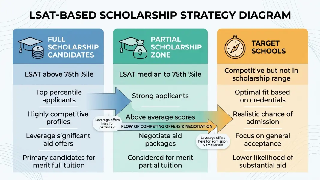 Three-column law school list building diagram showing scholarship candidates above the 75th percentile, partial scholarship zone, and target schools with competing offer arrows