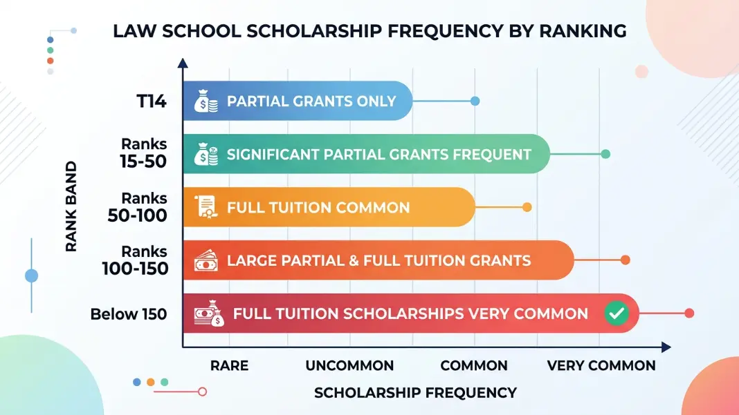 Tiered bar chart showing law school scholarship frequency by rank band from T14 receiving rare partial grants to schools ranked 100 plus where full tuition is common