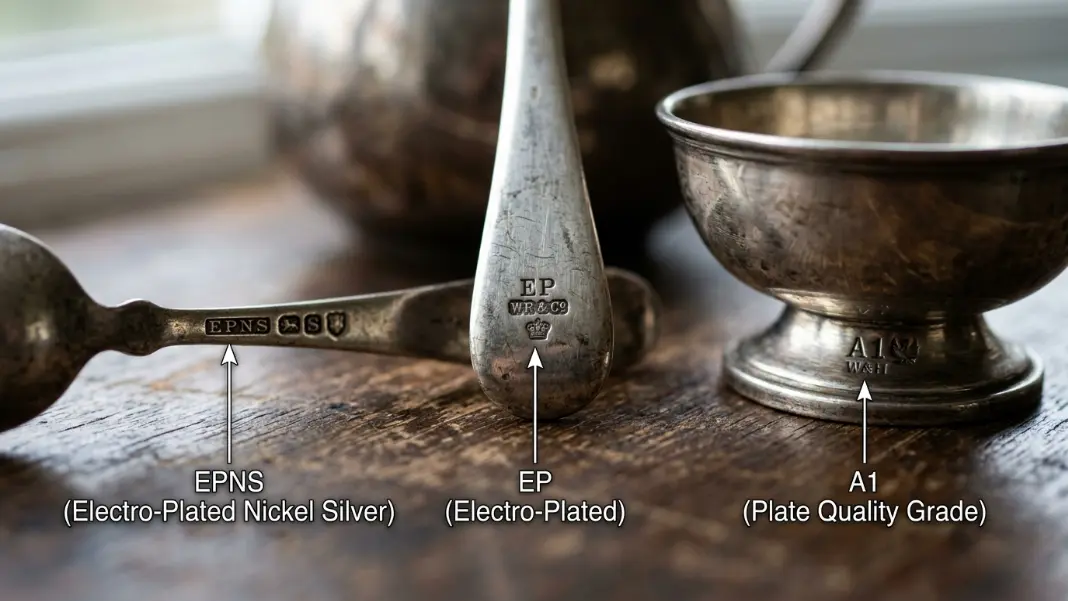 Close-up of EPNS, EP, and A1 hallmarks stamped on silverplate items with identifying labels
