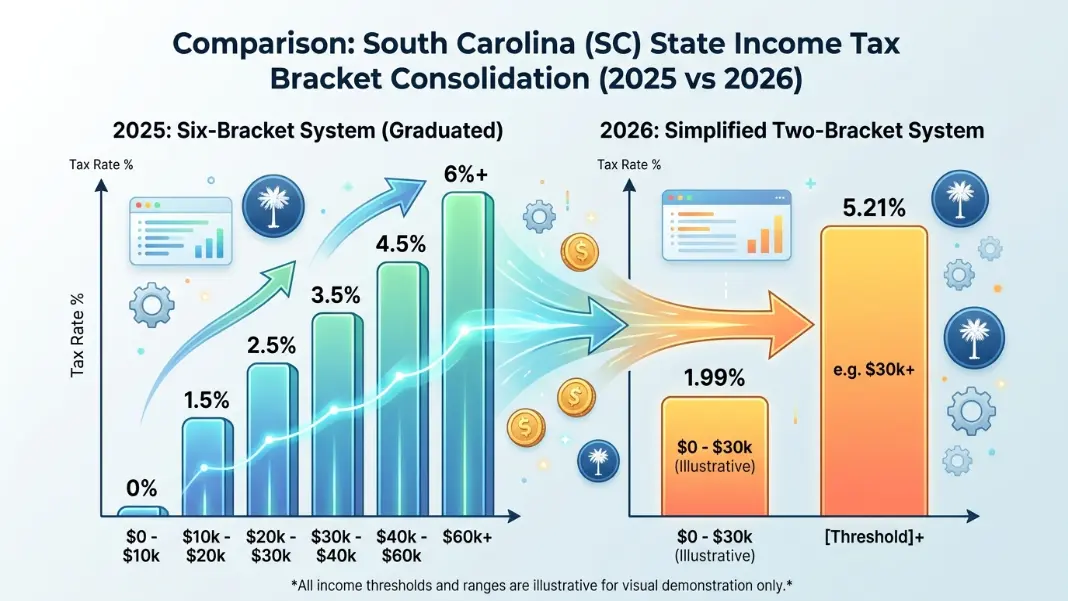 South Carolina income tax rate comparison chart: 2025 six-bracket structure versus 2026 simplified 1.99% and 5.21% two-bracket system