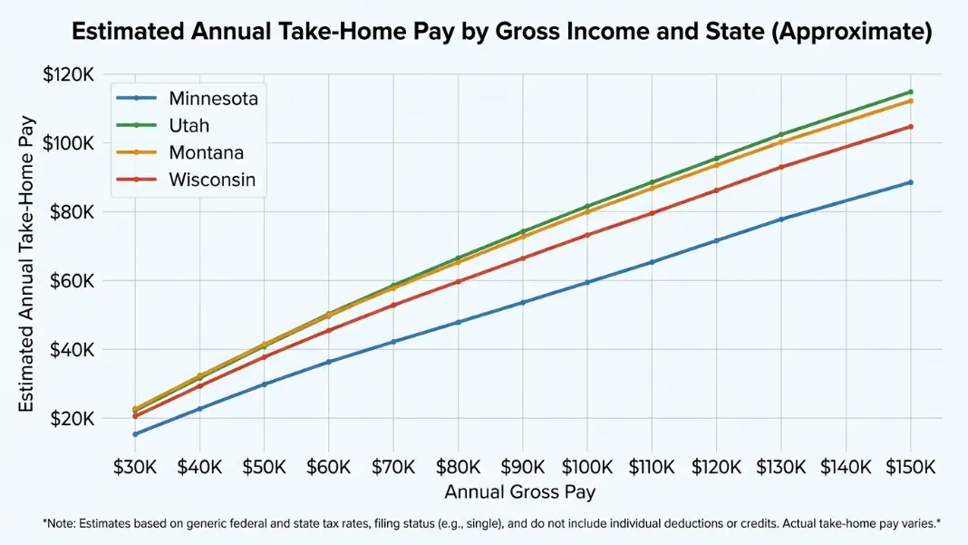 Take-home pay comparison across four states at 60000 and 90000 salary showing annual state level taxes