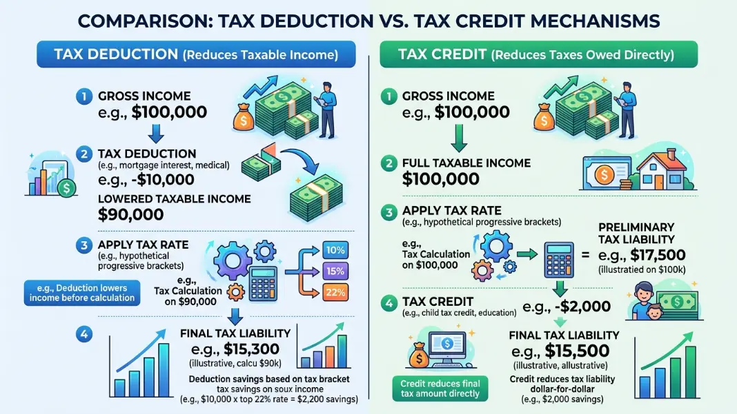 Utah flat tax exemption credit diagram comparing deduction vs credit mechanism with dollar amounts at different income levels